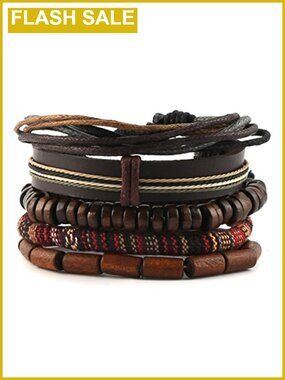 Handmade Hemp Cords Wood Beads Leather Bracelet Men Women Adjustable